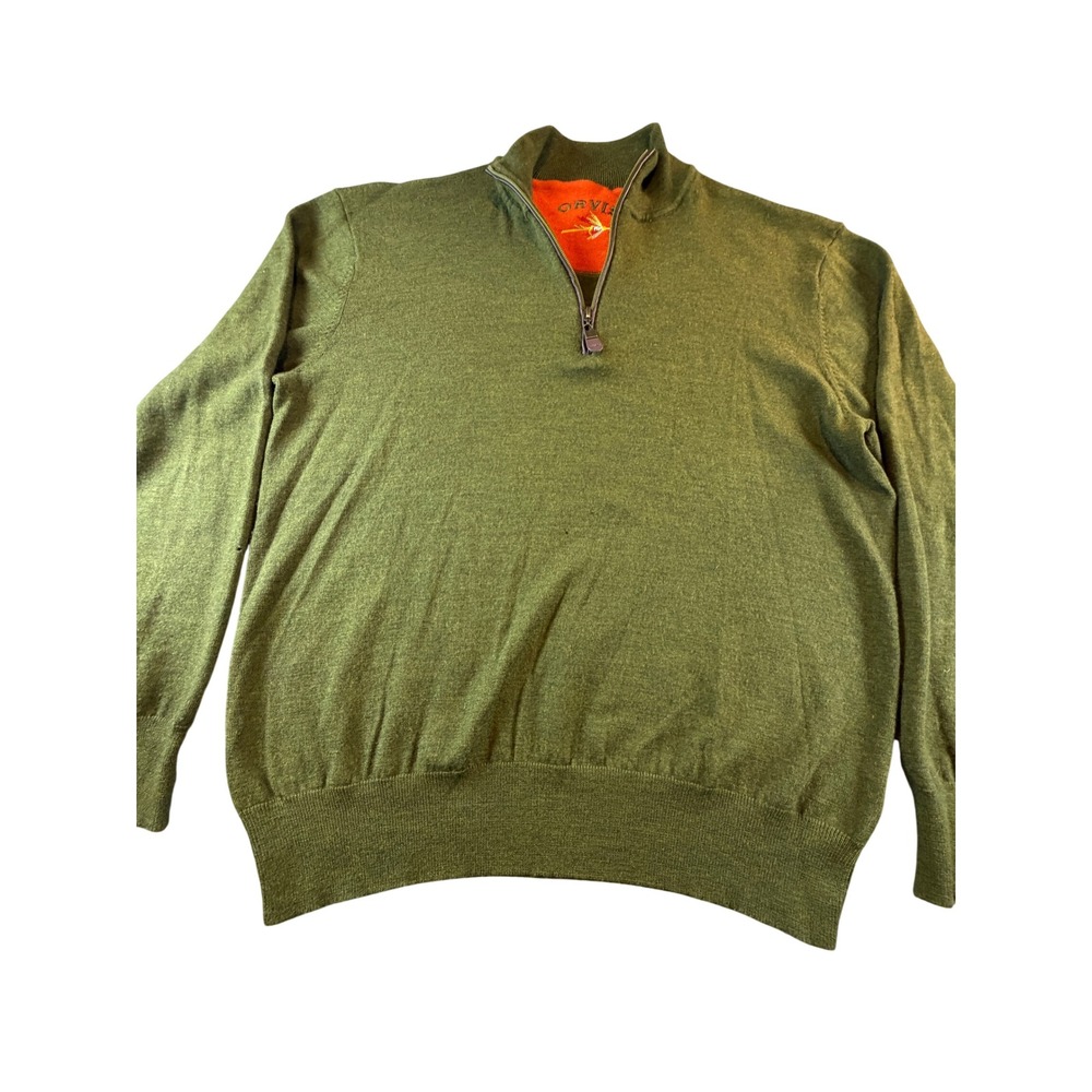 Orvis Mens XL Olive Green Heather Quarter Zip Pullover Sweater Mock Neck Fly